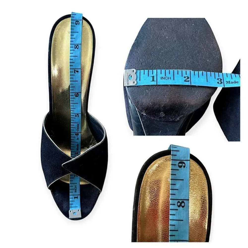 Andrew Geller Black Suede Gold‎ Trim Cutout Wededge Sandals, Vintage,